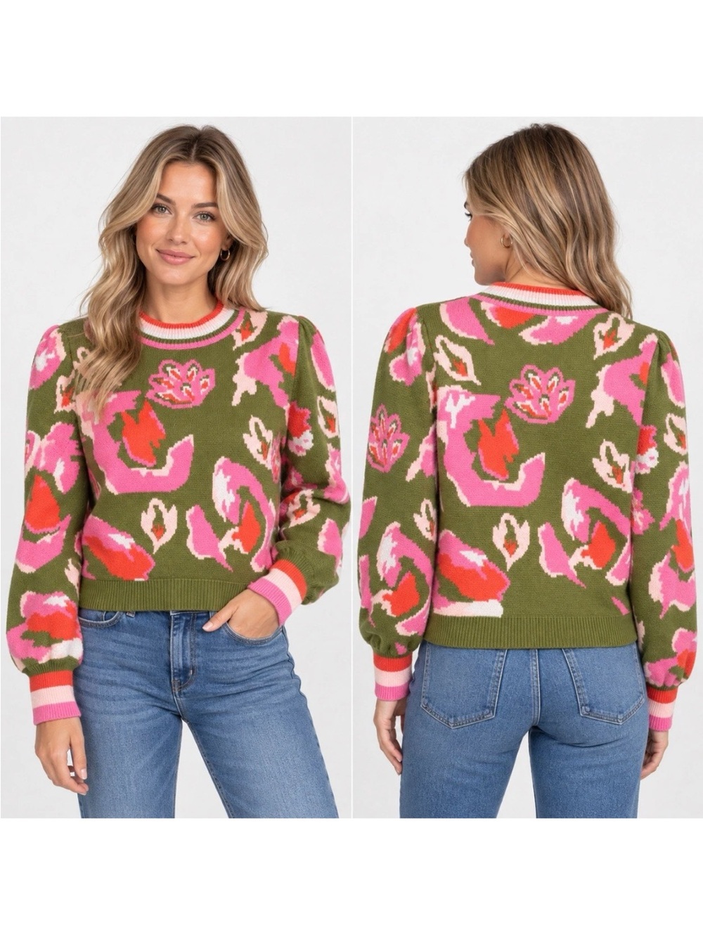 THML Women’s M Floral Sweater Olive Green Pink Retro Crewneck Pullover